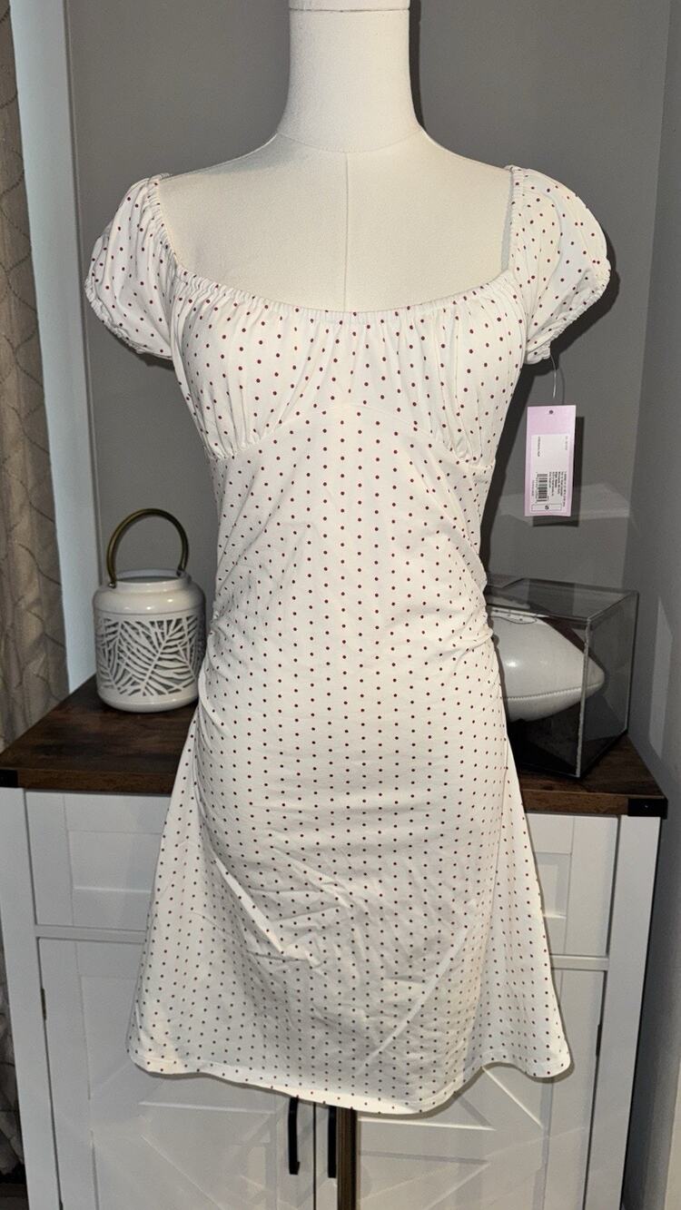 Wild Fable Women’s Polka Dot Mini Dress Size S Cream Red Puff Sleeve NWT
